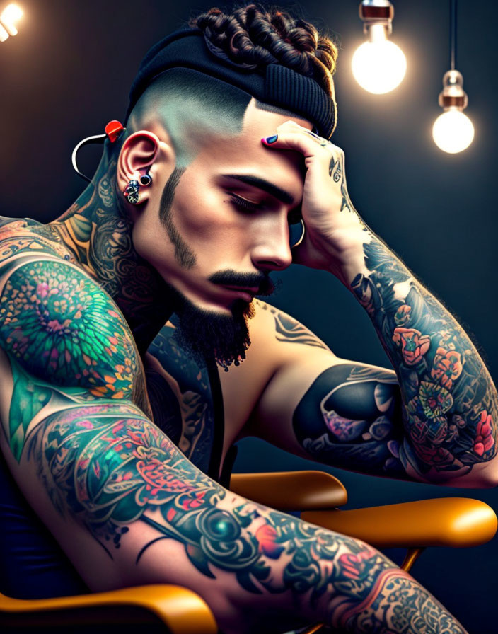 Portrait of a Man with Full Beard and Arm Tattoos in Thoughtful Pose