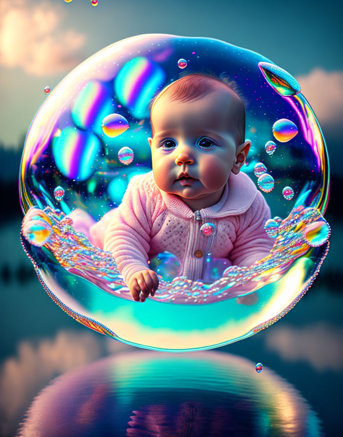 Infant in iridescent soap bubble against twilight sky and water.