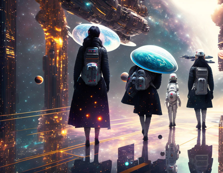 Four Figures in Futuristic Armor Surveying Alien Cityscape