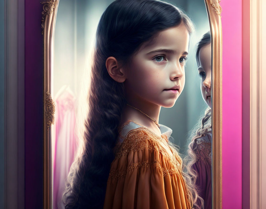 Young girl with long brown hair gazes thoughtfully in ornate mirror.