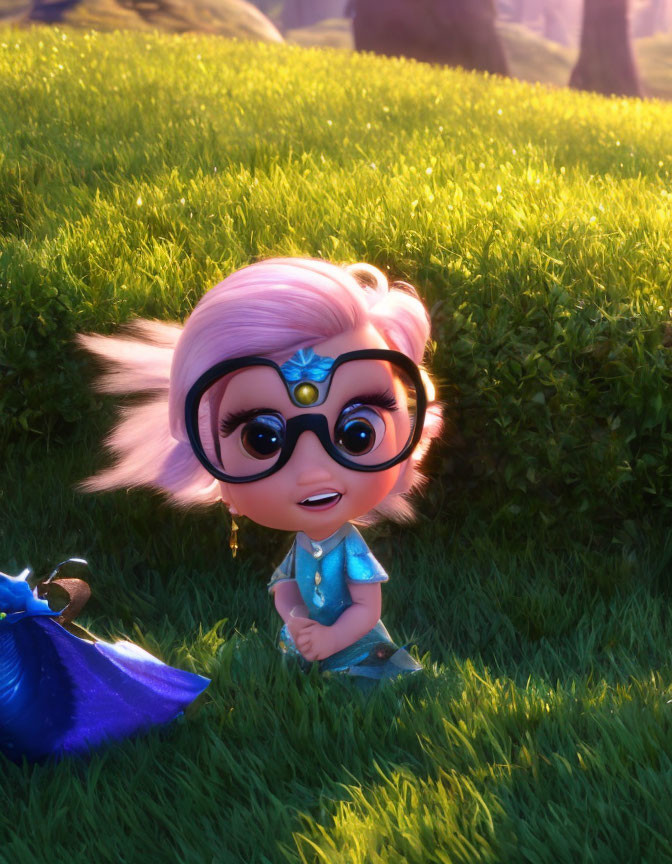 Pink-haired animated character in blue outfit kneeling on grass with trees and sunlight.