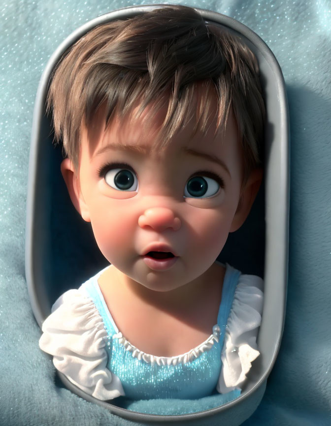 Realistic 3D animation of a baby with brown hair and big blue eyes in blue outfit