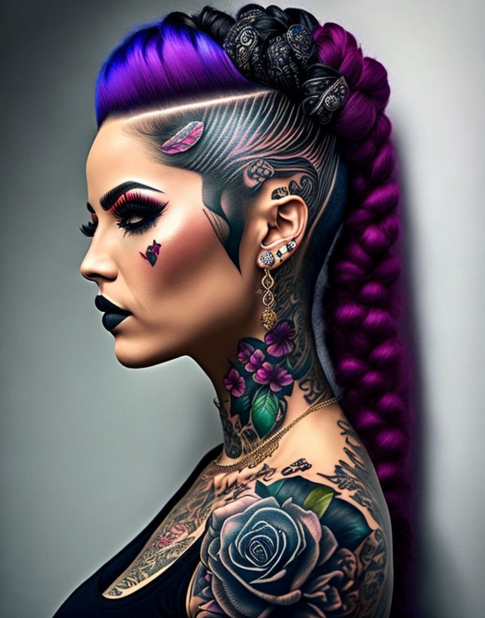 Vibrant purple hair in braided updo with black roses, neck and face tattoos, dramatic