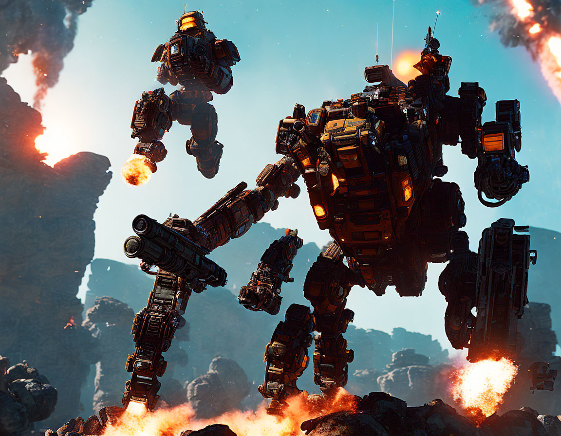 Giant robots in explosive battle on rocky, fiery landscape