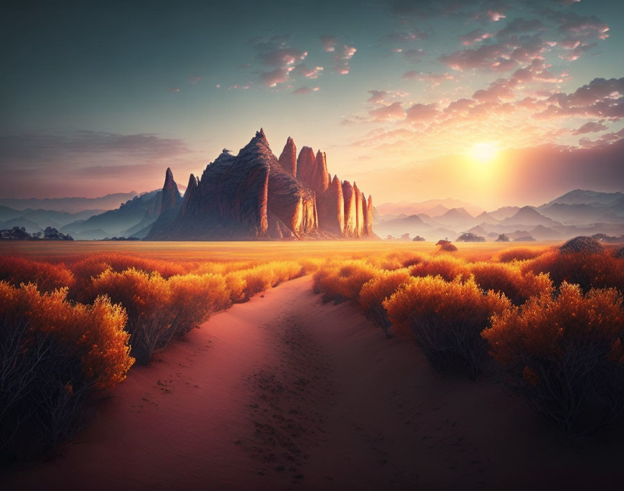 Tranquil sunset over orange landscape with rock spires