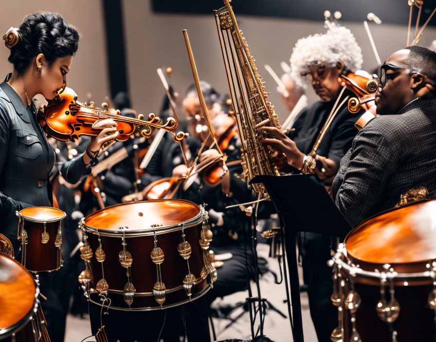 Classical musicians performing symphony with violinist, cellists, harpist, and timpan