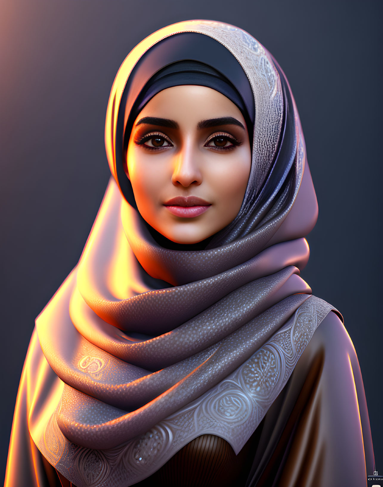 Portrait of woman in hijab with intricate fabric patterns and soft lighting