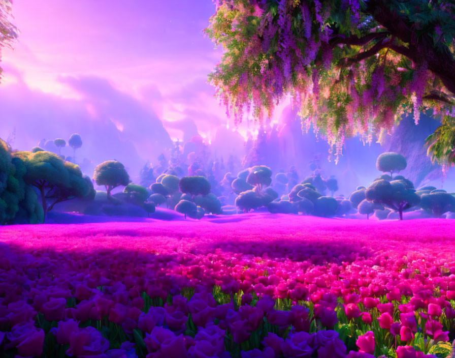 Colorful Fantasy Landscape with Trees, Tulips, and Ethereal Light