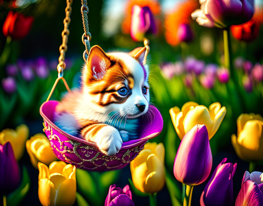 Fluffy puppy in purple swing with vibrant tulips in sunlight