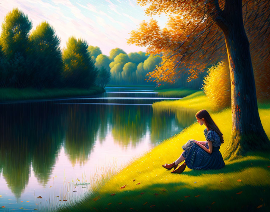 Woman reading under autumn foliage by tranquil lake