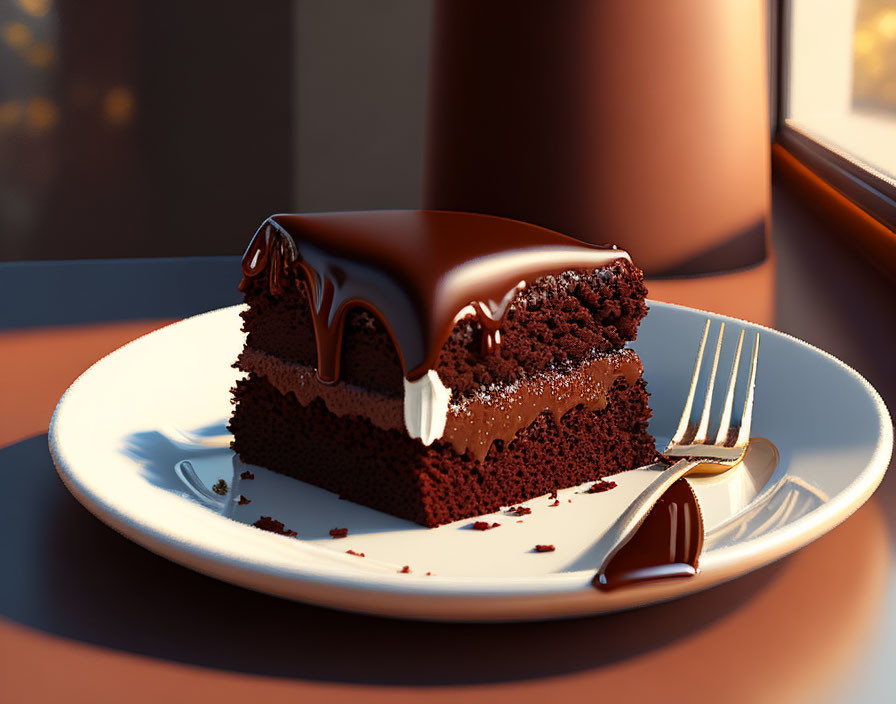 Chocolate cake slice with ganache on white plate and fork in warm background