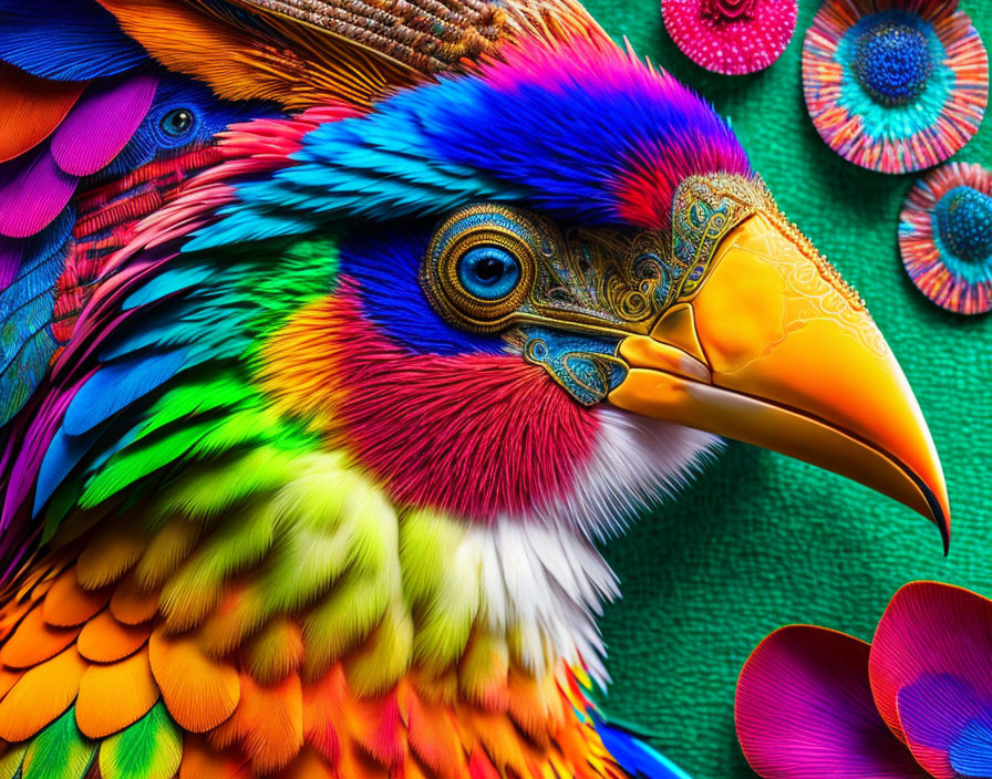 Colorful bird with intricate feathers and sharp beak against decorative background