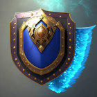 Medieval shield with gold and bronze details and winged emblem in blue flames