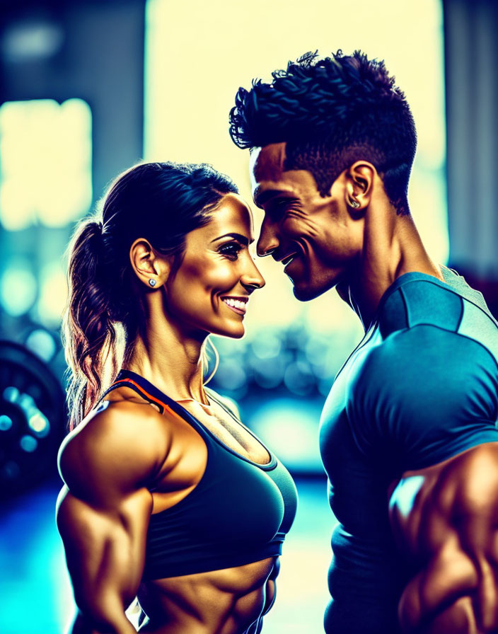 Two smiling individuals in a gym with workout equipment