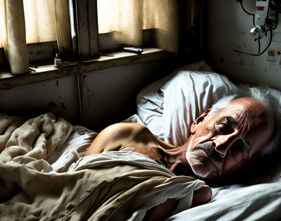 Elderly man resting in hospital bed with medical equipment and sunlight.