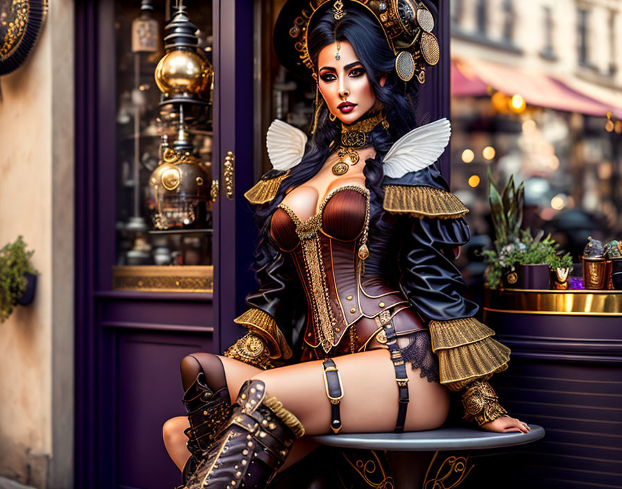 Elaborate steampunk attire woman poses with intricate jewelry in Victorian setting