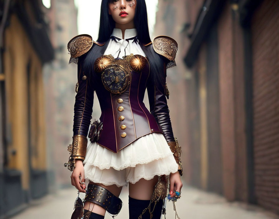 Elaborate steampunk-inspired costume in urban alleyway