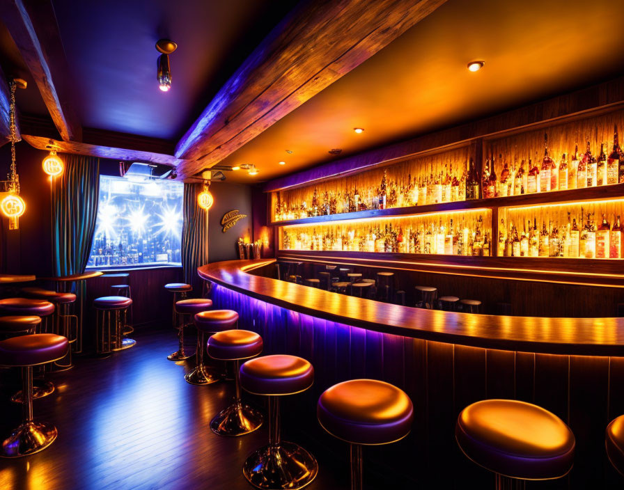 Stylish bar with curved wooden counter and high stools