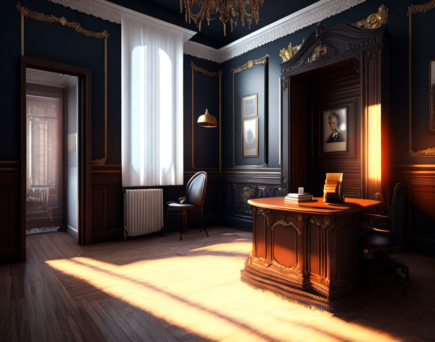 Vintage office with wooden desk, chair, ornate moldings, and sunlight on herringbone floor