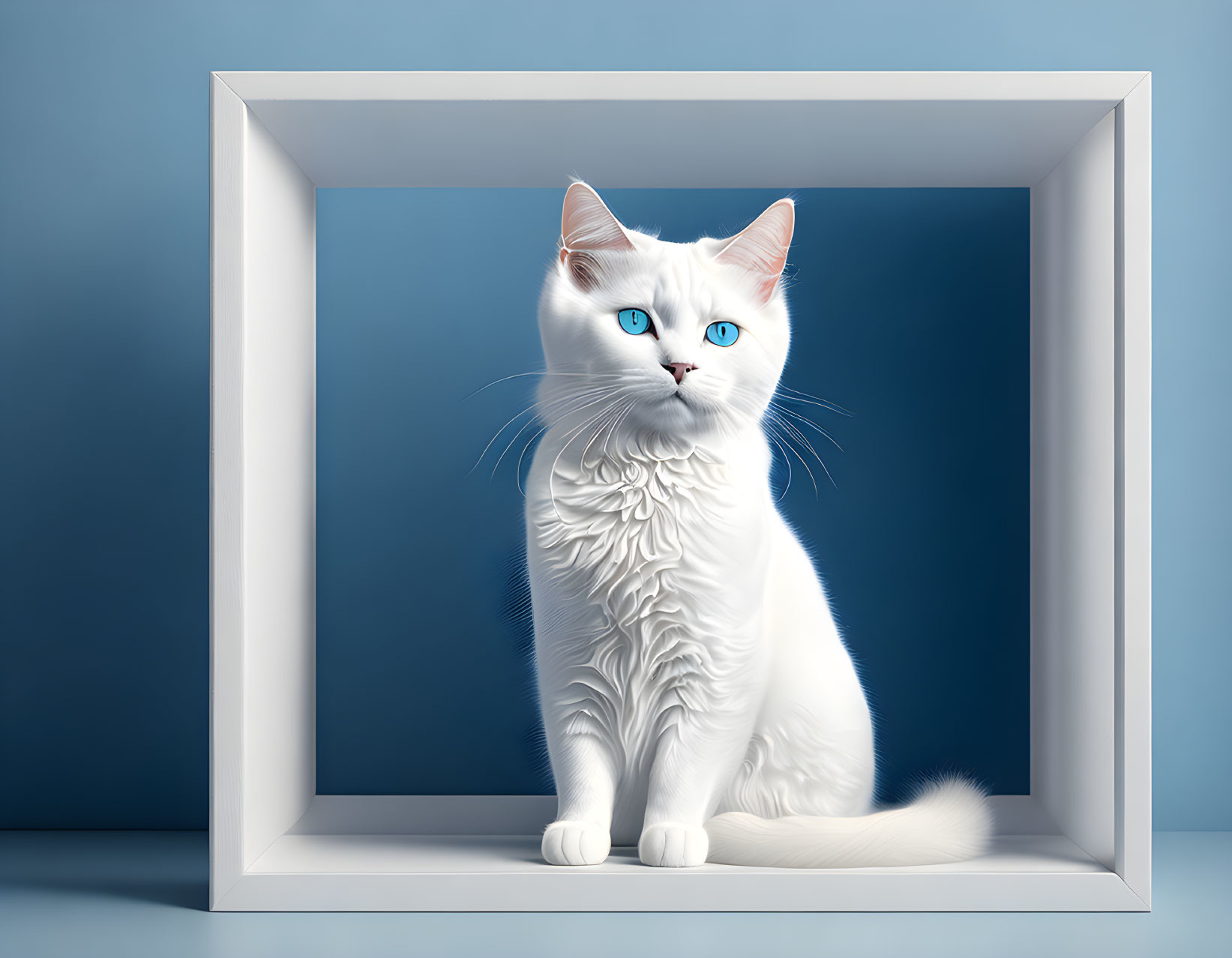 Striking Blue-Eyed White Cat in White Frame on Blue Background