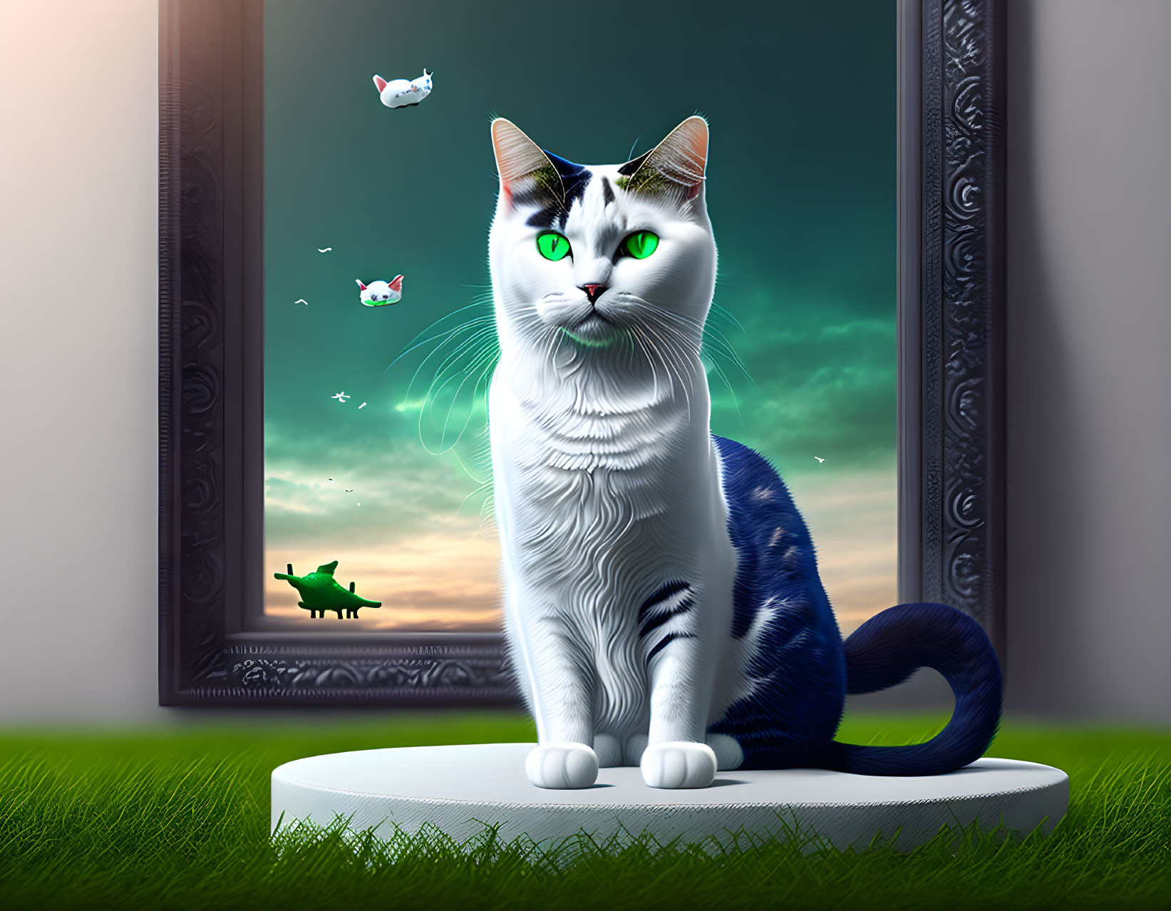 White Cat with Blue Stripes and Ethereal Wings in Fantastical Landscape