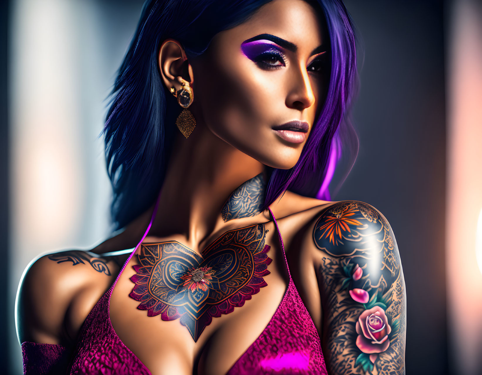 Vibrant digital portrait: woman with purple hair, intricate tattoos, red top