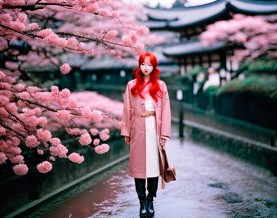 Vibrant red-haired woman in long coat among cherry blossoms and traditional buildings