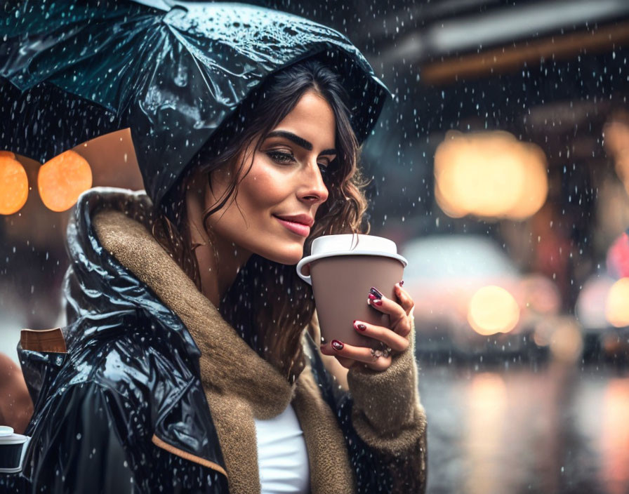 Smiling woman in hooded jacket holding coffee cup in rain with city lights in background