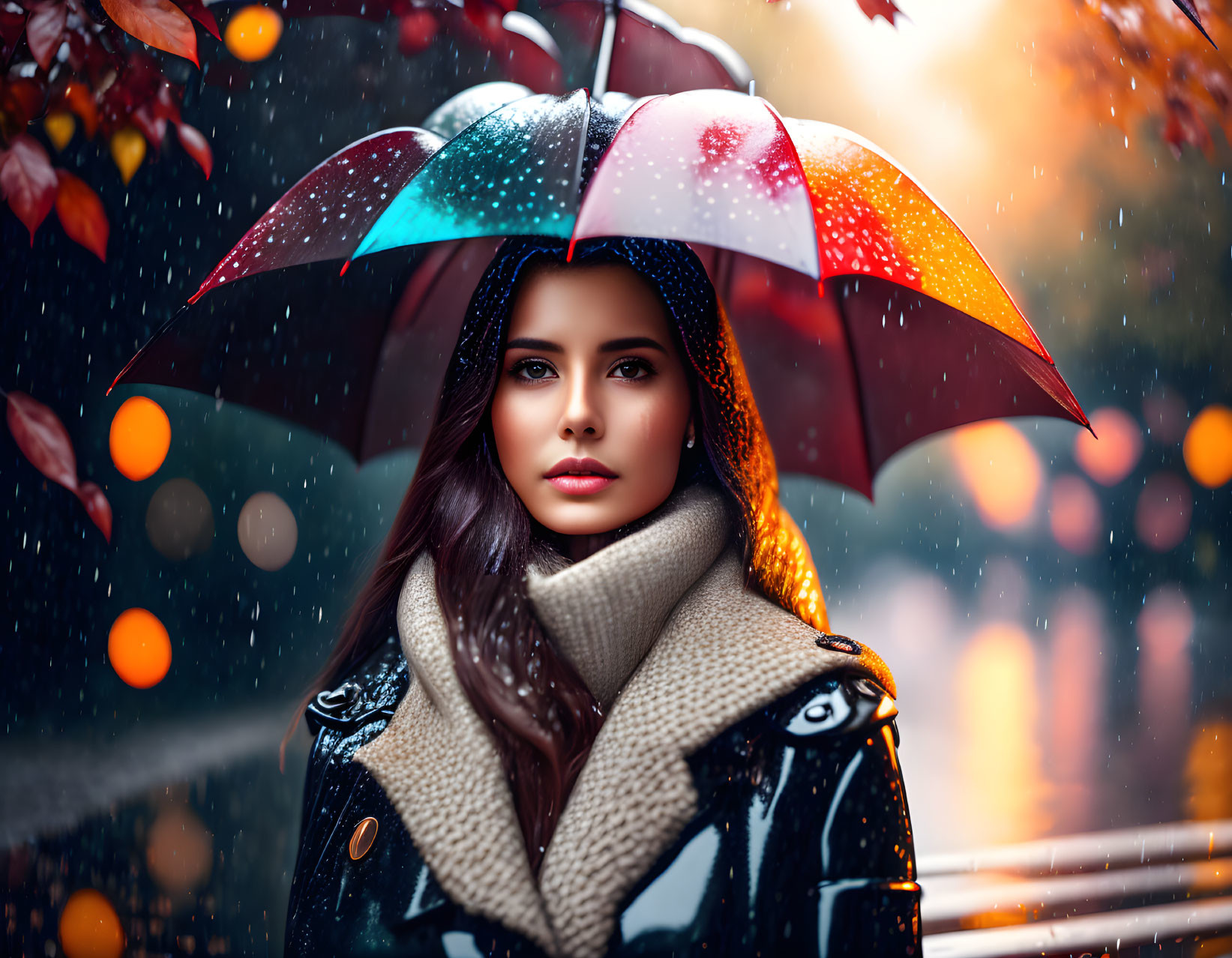 Dark-haired woman with colorful umbrella in rainy autumn scene