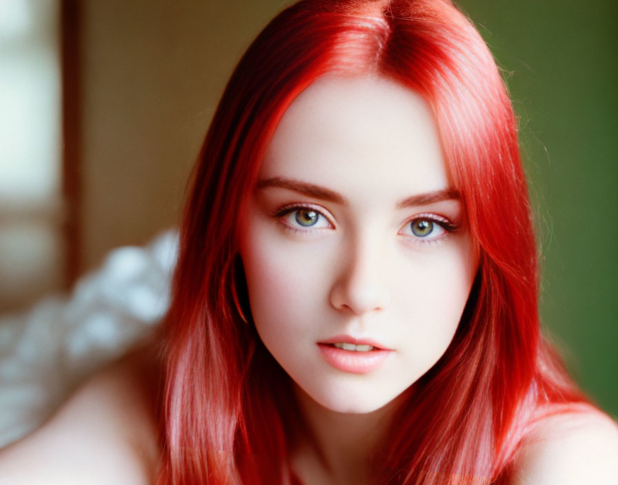 Vibrant red-haired woman with striking blue eyes in soft light