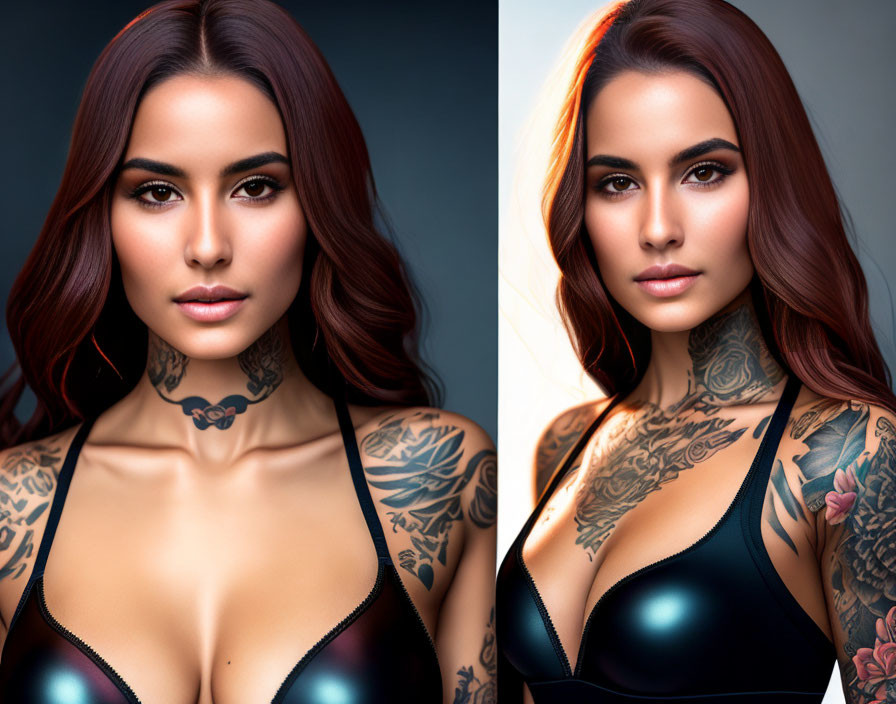 Split image of woman with dark hair, tattoos, black top, contrasting lighting & backgrounds