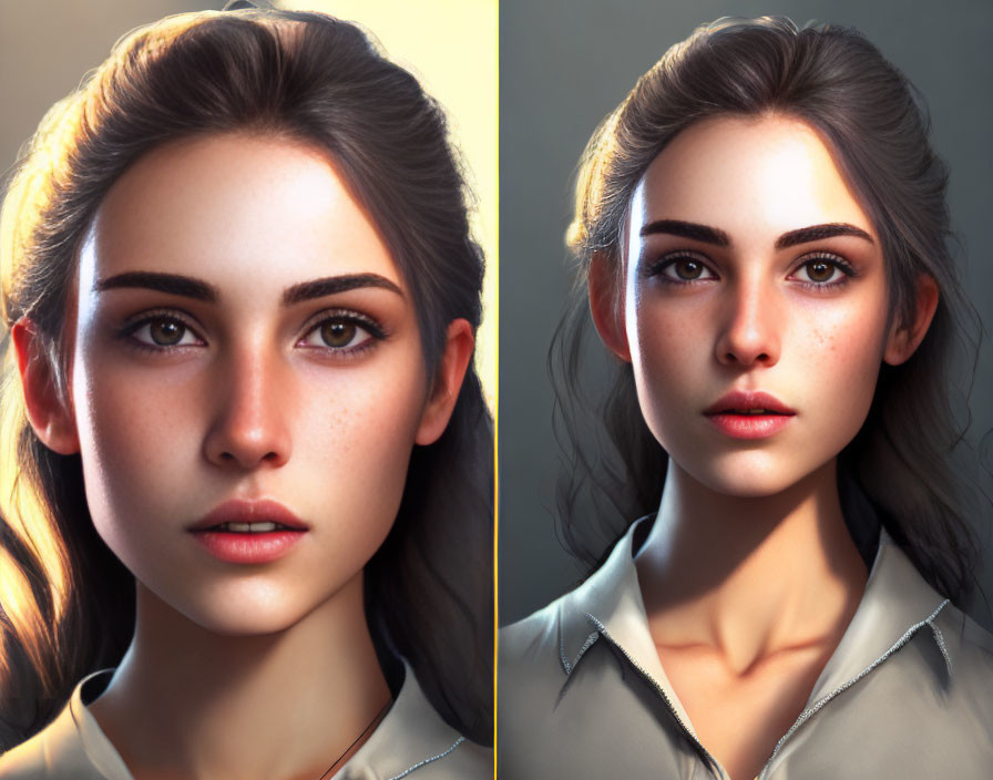 Realistic digital portrait of a woman with brown eyes and freckles in two lighting conditions