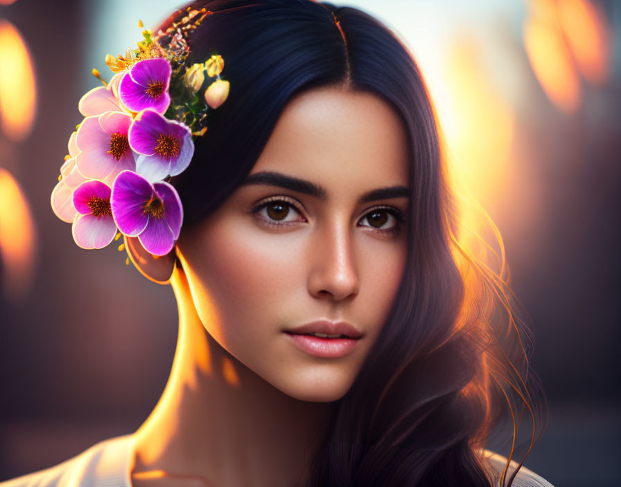 Woman with Flower-adorned Hair in Serene Pose on Warm-toned Blurred Background