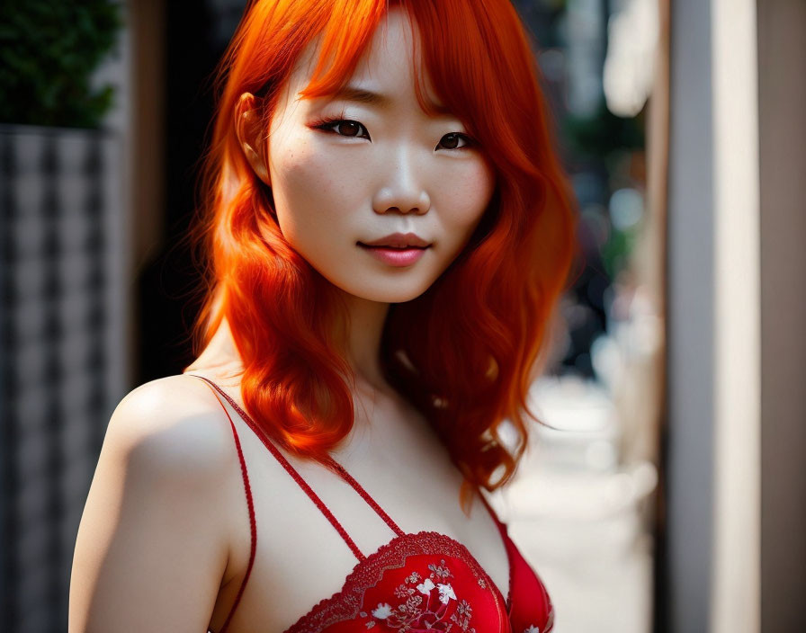 Vibrant red-orange hair woman in red top gazes at camera