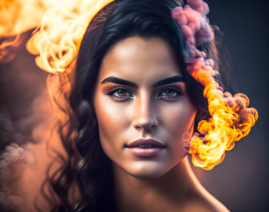 Dark-haired woman with smoky eye makeup in fiery artistic setting