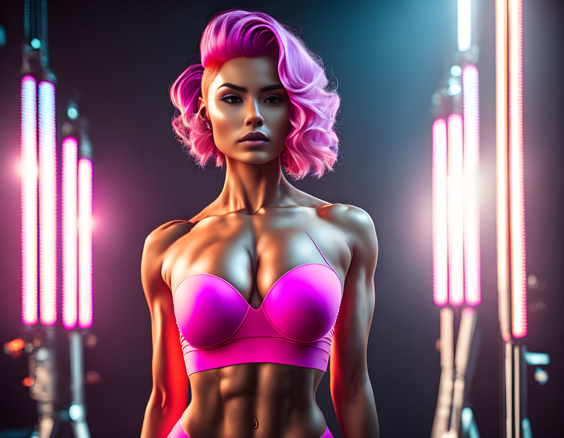 Vibrant Pink Hair Female Figure in Neon-Lit Setting