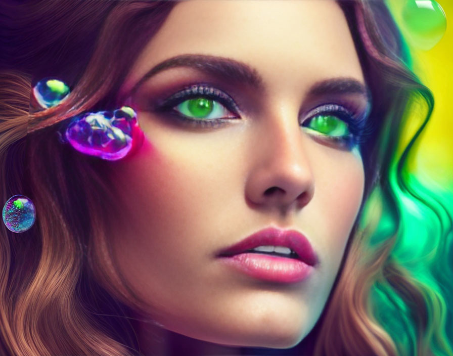 Vibrant makeup woman with green eyes and bubbles on colorful background