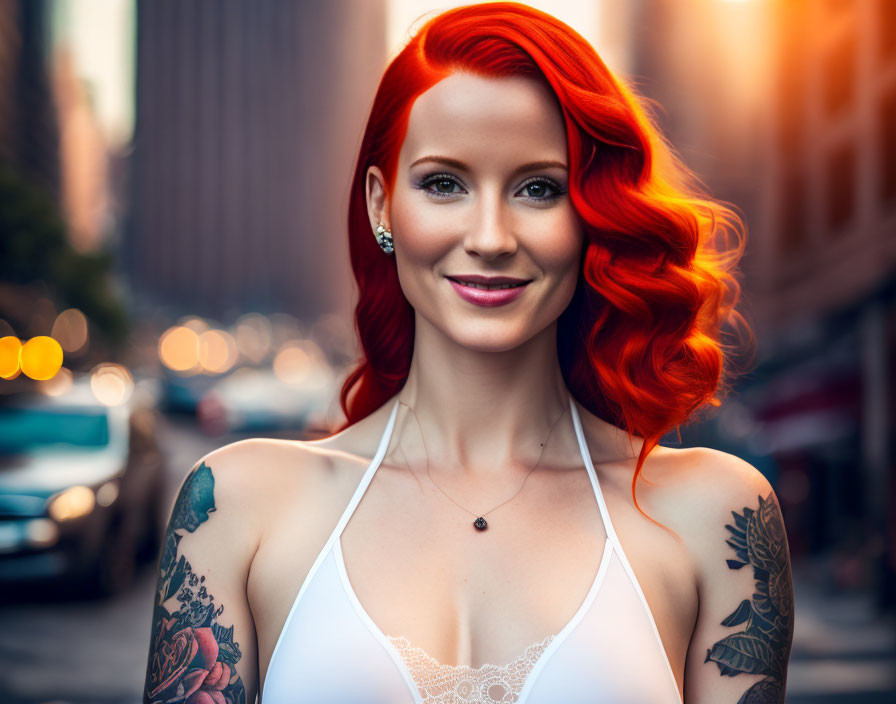 Vibrant red-haired woman with tattoos smiling in urban dusk setting