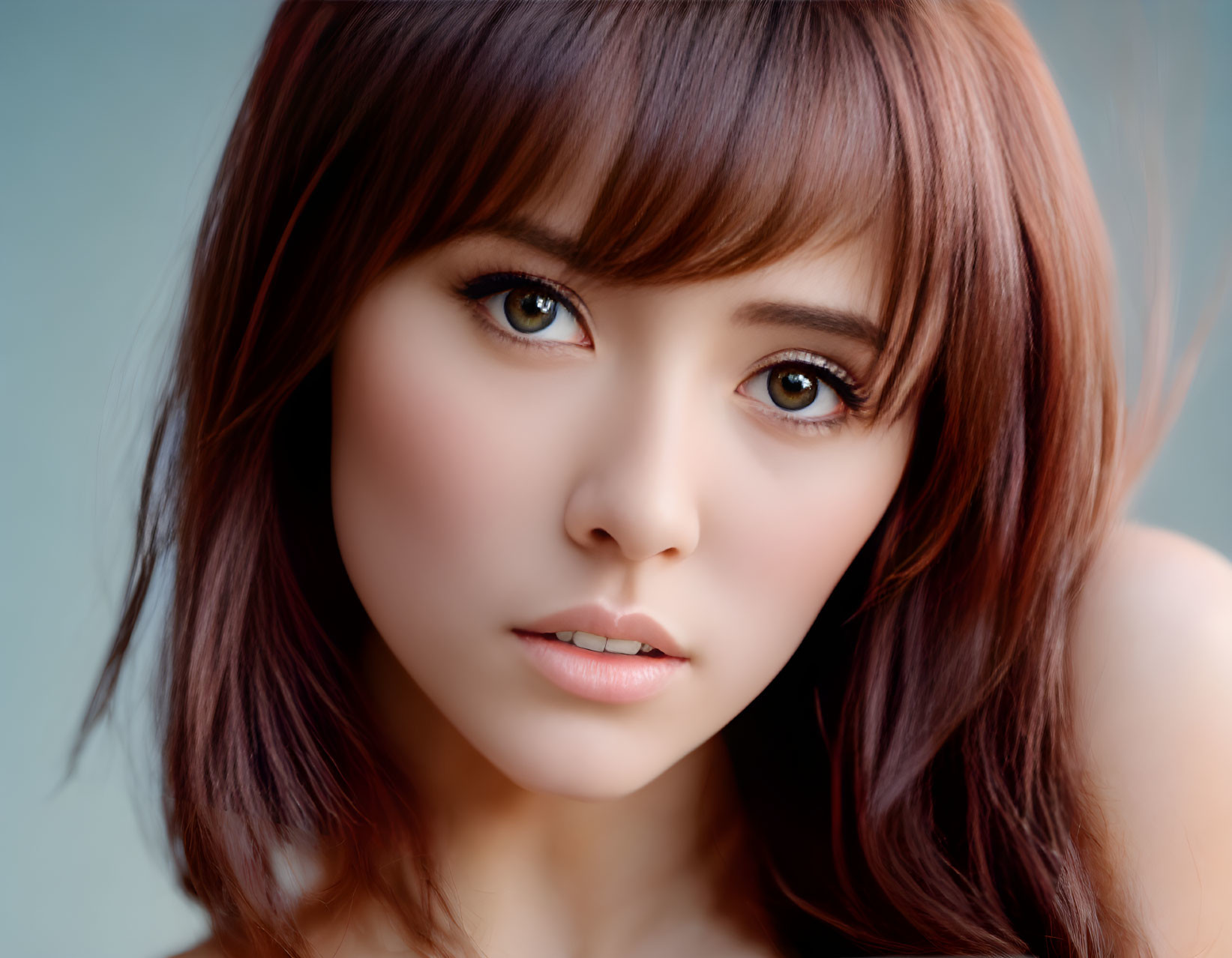 Portrait of Woman with Brown Hair and Brown Eyes on Blue Background