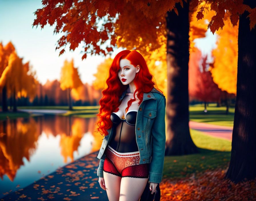 Red-haired woman in denim jacket by lake with autumn trees.