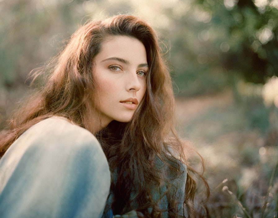 Woman with long wavy brown hair in soft sunlight