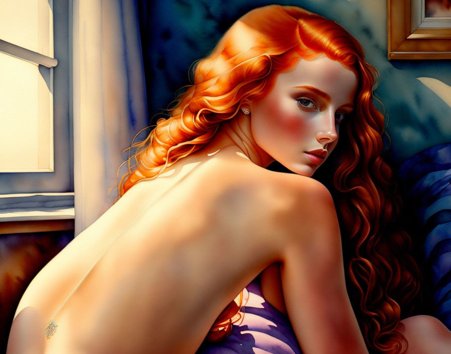 Portrait of woman with flowing red hair gazing through window