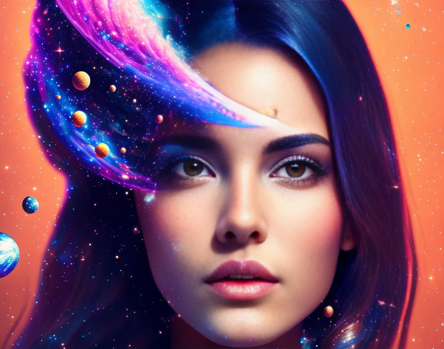 Cosmic-themed woman's face with stars and planets on vibrant orange backdrop