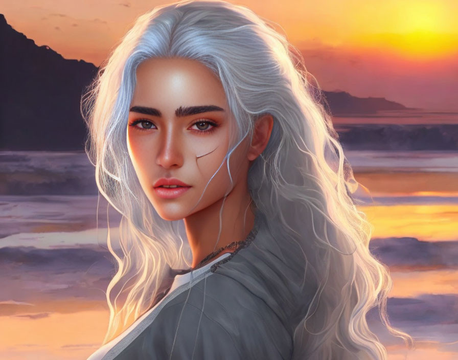 Digital painting of woman with white hair against sunset ocean backdrop