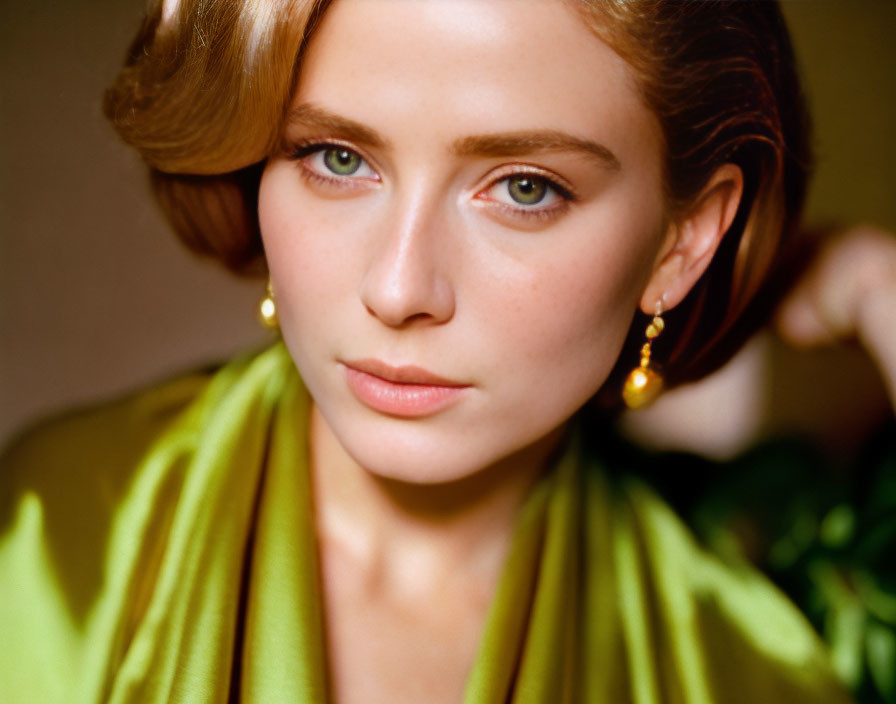 Styled hair, gold earrings, green scarf woman portrait