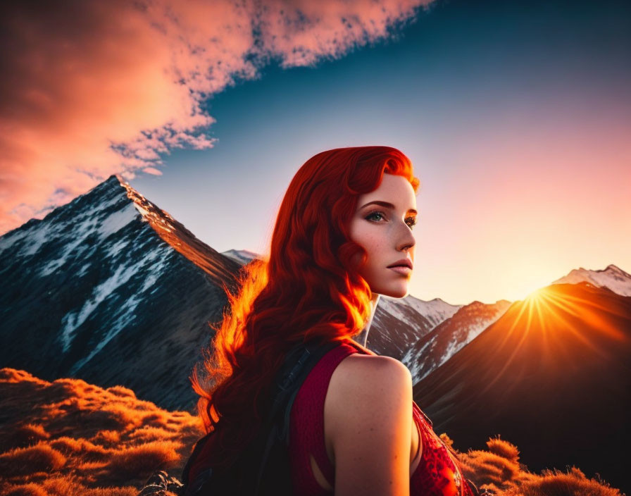 Red-haired woman admires sunset over mountains in serene scene