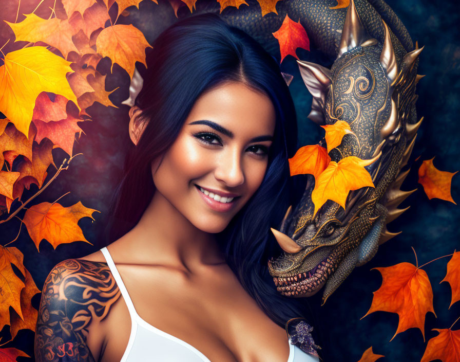 Smiling woman with arm tattoo and metallic dragon in autumn setting