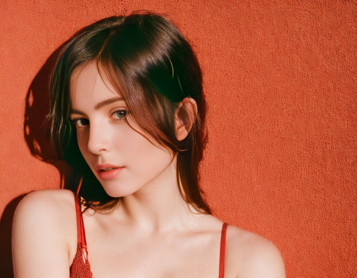 Young Woman with Shoulder-Length Brown Hair Poses Against Textured Red Background