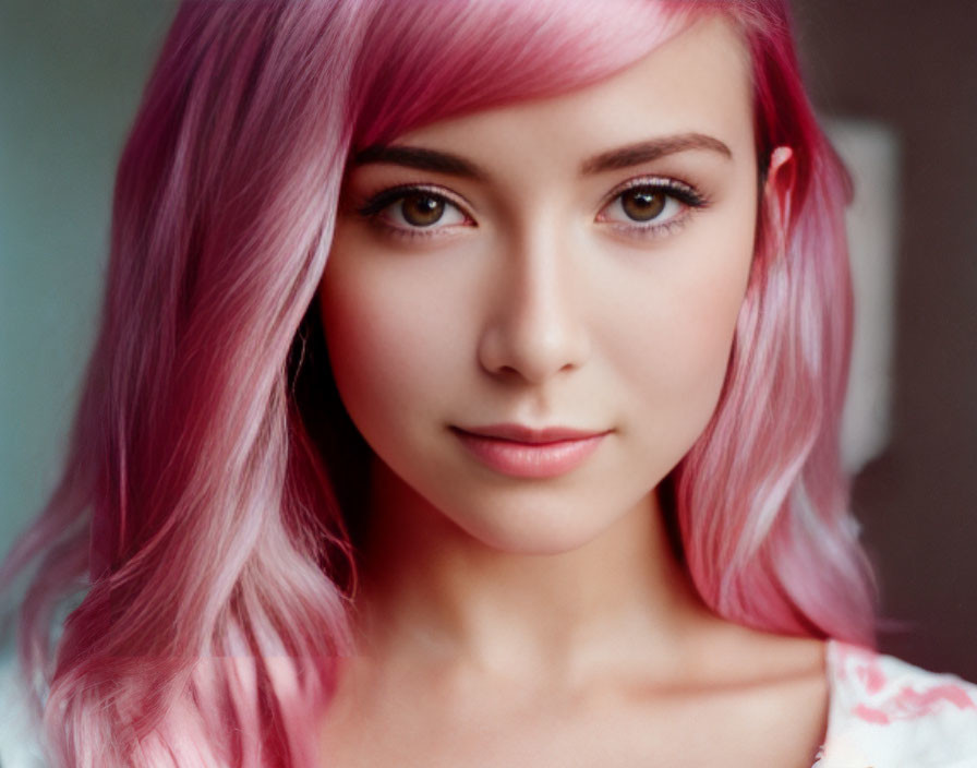 Person with Pink Hair Smiling in Floral Garment on Blurred Background