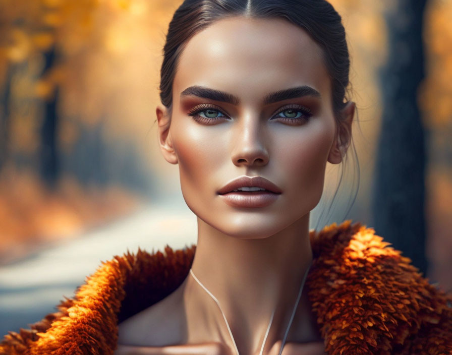 Woman with Blue Eyes in Orange Fluffy Jacket Against Autumn Background